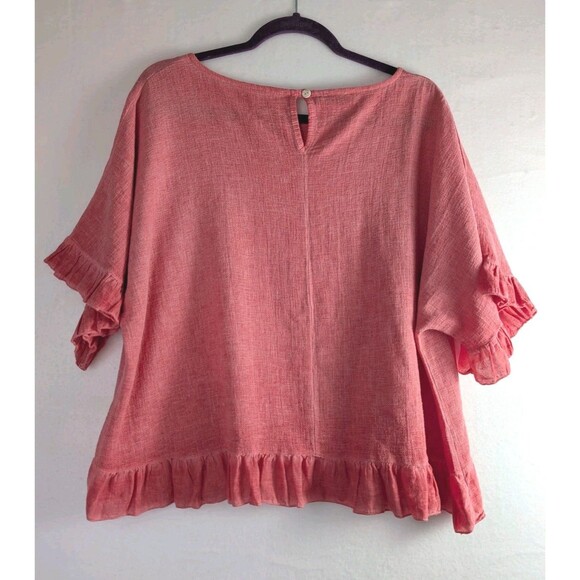 Cadenza Italy Women’s Linen Blend Top Blouse Ruffle Hem Sleeve Coral Pink Size L - Picture 3 of 4